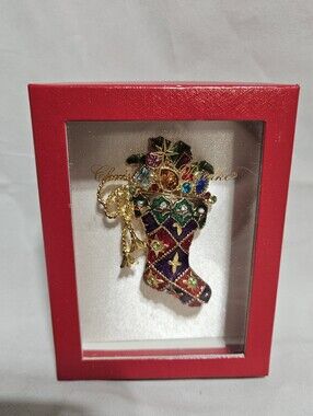 VTG Christopher Radko Enamel Rhinestone Christmas Stocking Brooch Pin with Box